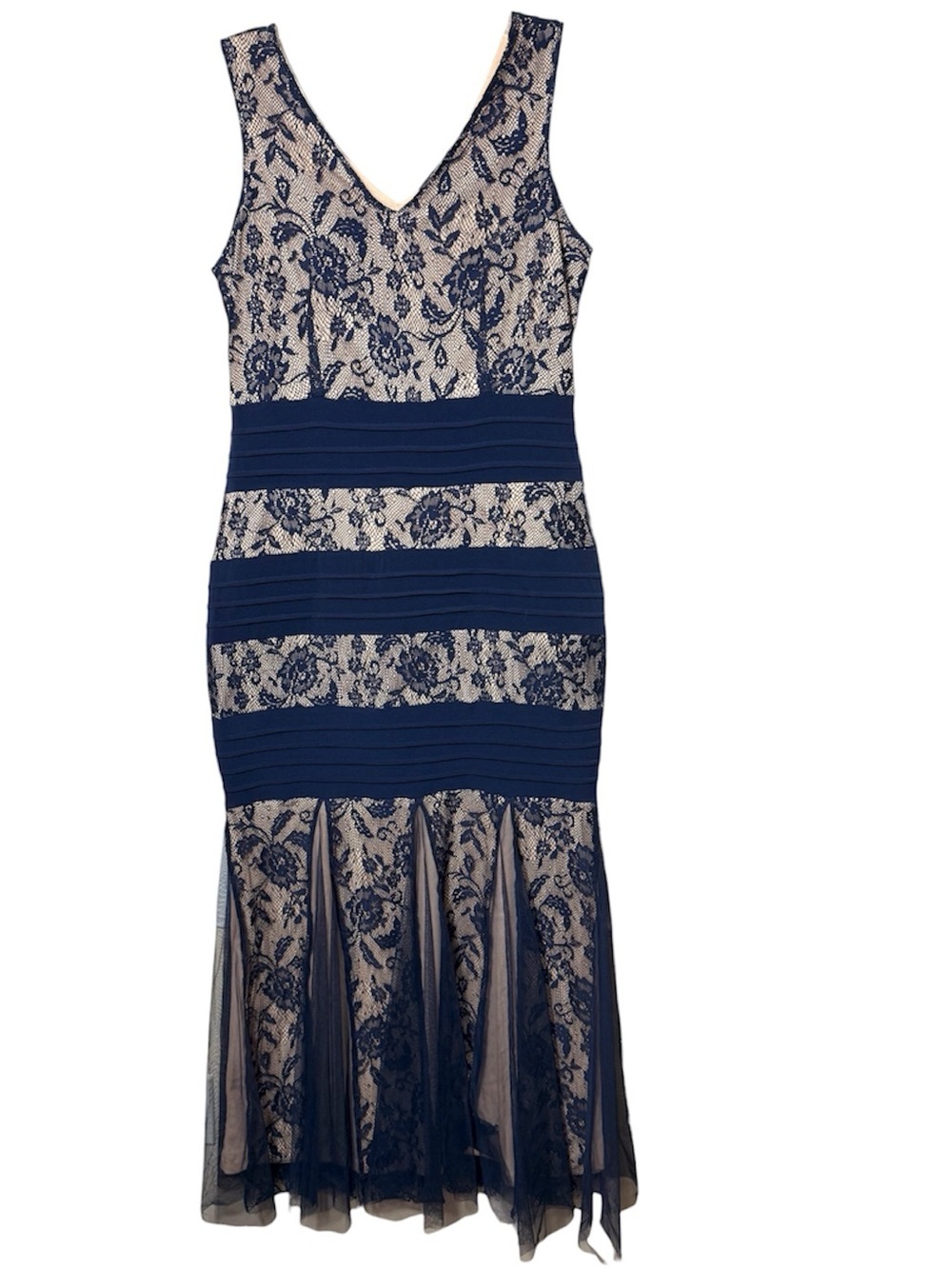 Francesca’s Candalite Navy Lace Mermaid Midi Dress Nude Lining Medium